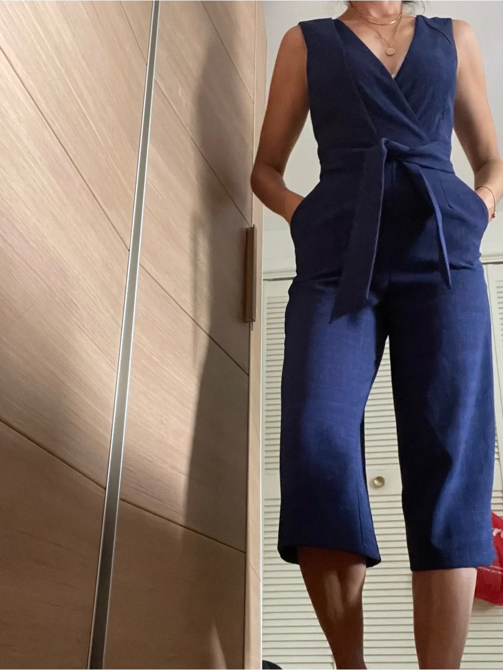 Adelyn Rae Navy Sleeveless Wrap Jumpsuit with Tie Waist - Picture 5 of 11